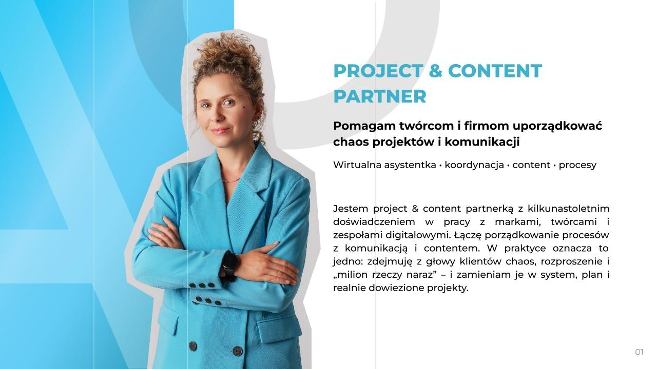 Kobieta w błękitnym żakiecie, uśmiechnięta, na tle grafiki z tekstem o uporządkowaniu chaosu projektów i komunikacji. Wirtualna asystentka, koordynacja contentu.