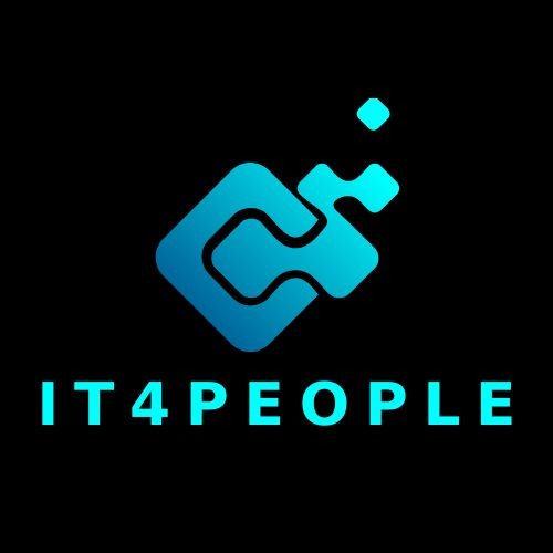 Logo firmy IT4PEOPLE: stylizowany, błękitny symbol graficzny przypominający układ scalony, umieszczony nad nazwą firmy, na czarnym tle. Minimalistyczny design.