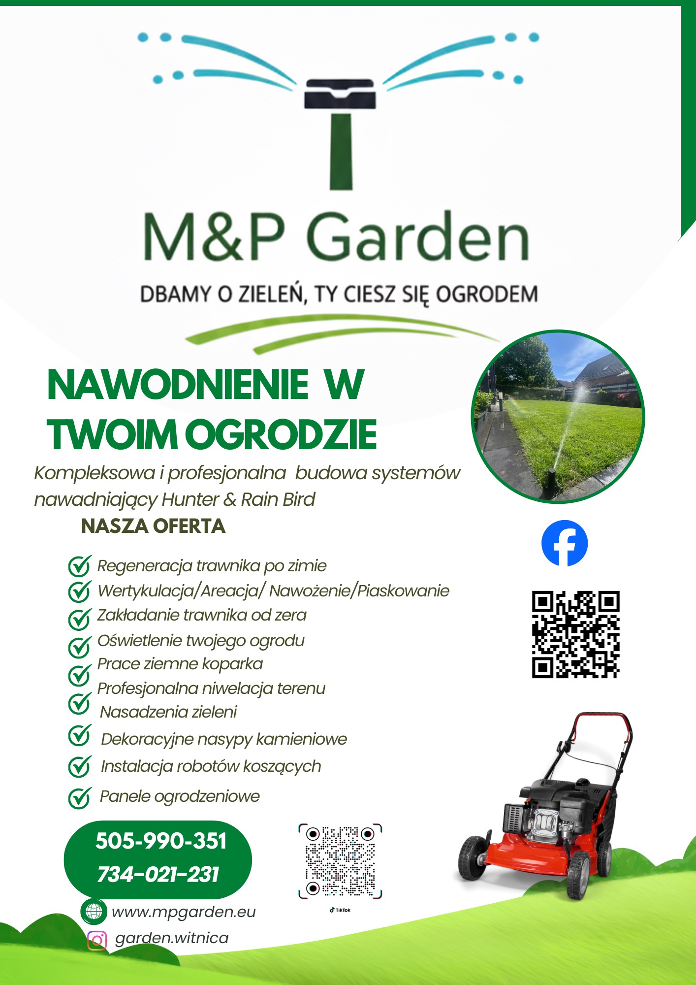 Grafika reklamowa M&P Garden: nawodnienie ogrodu, regeneracja trawnika, oświetlenie, niwelacja terenu, nasadzenia, dekoracyjne nasypy, roboty koszące, panele ogrodzeniowe.