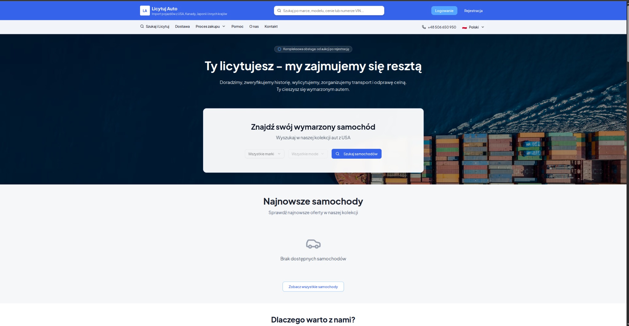 Strona internetowa Licytuj Auto z formularzem wyszukiwania samochodów z USA, widok z góry na kontenerowiec w tle. Kompleksowa obsługa aukcji i rejestracji.