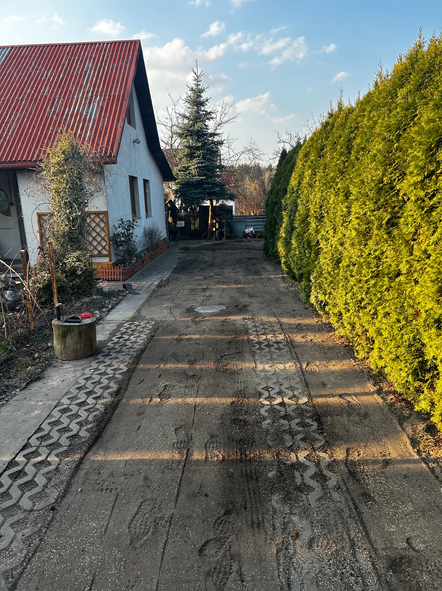 Przygotowanie podłoża pod utwardzenie drogi w ogrodzie. Widoczne ślady opon i stopy na ubitej ziemi, obok domu z czerwoną dachówką i żywopłotu.