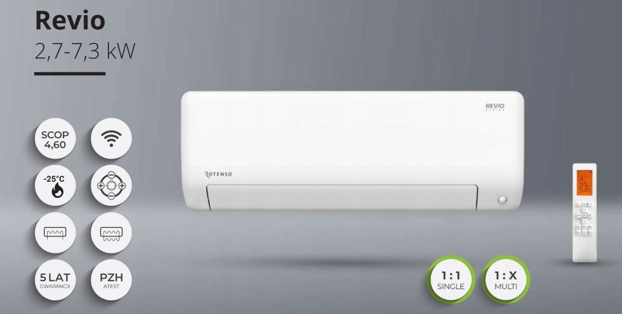Biała klimatyzacja Revio z pilotem na szarym tle. Widoczne parametry techniczne i oznaczenia certyfikatów. Model do pojedynczych i multi instalacji.