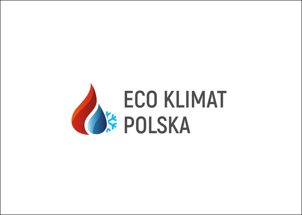 Logo firmy Eco Klimat Polska z symbolem ognia, kropli wody i płatka śniegu, sugerujące kompleksowe rozwiązania w zakresie ogrzewania i klimatyzacji.