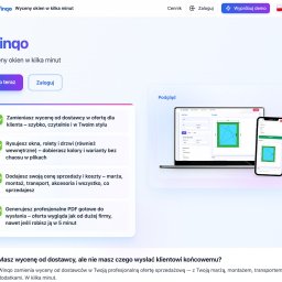 Kamil Kwapich - Ekran laptopa i smartfona prezentujące interfejs aplikacji Winqo do wyceny okien, rolet i drzwi. Widok z bliska na funkcje programu, zarys okna w kolorze zielonym.