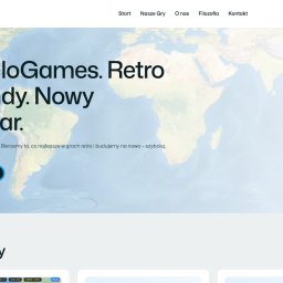 Kamil Kwapich - Nowoczesny wygląd strony internetowej z mapą świata w tle, logo CamilloGames w lewym górnym rogu i hasłem 'Retro Legendy. Nowy Wymiar.'