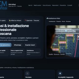 Kamil Kwapich - Strona internetowa firmy CM Infissi z Toskanii, prezentująca usługi montażu okien, drzwi i rolet, z widocznym planem instalacji i przyciskami CTA.