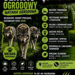DREAM HUB Łukasz Harasimowicz - Grafika reklamowa firmy ogrodniczej z hasłami: 'Wchodzimy, robimy porządek, zostawiamy efekt WOW!', 'Szybka wycena, bez ściemy!' i ikonami usług.