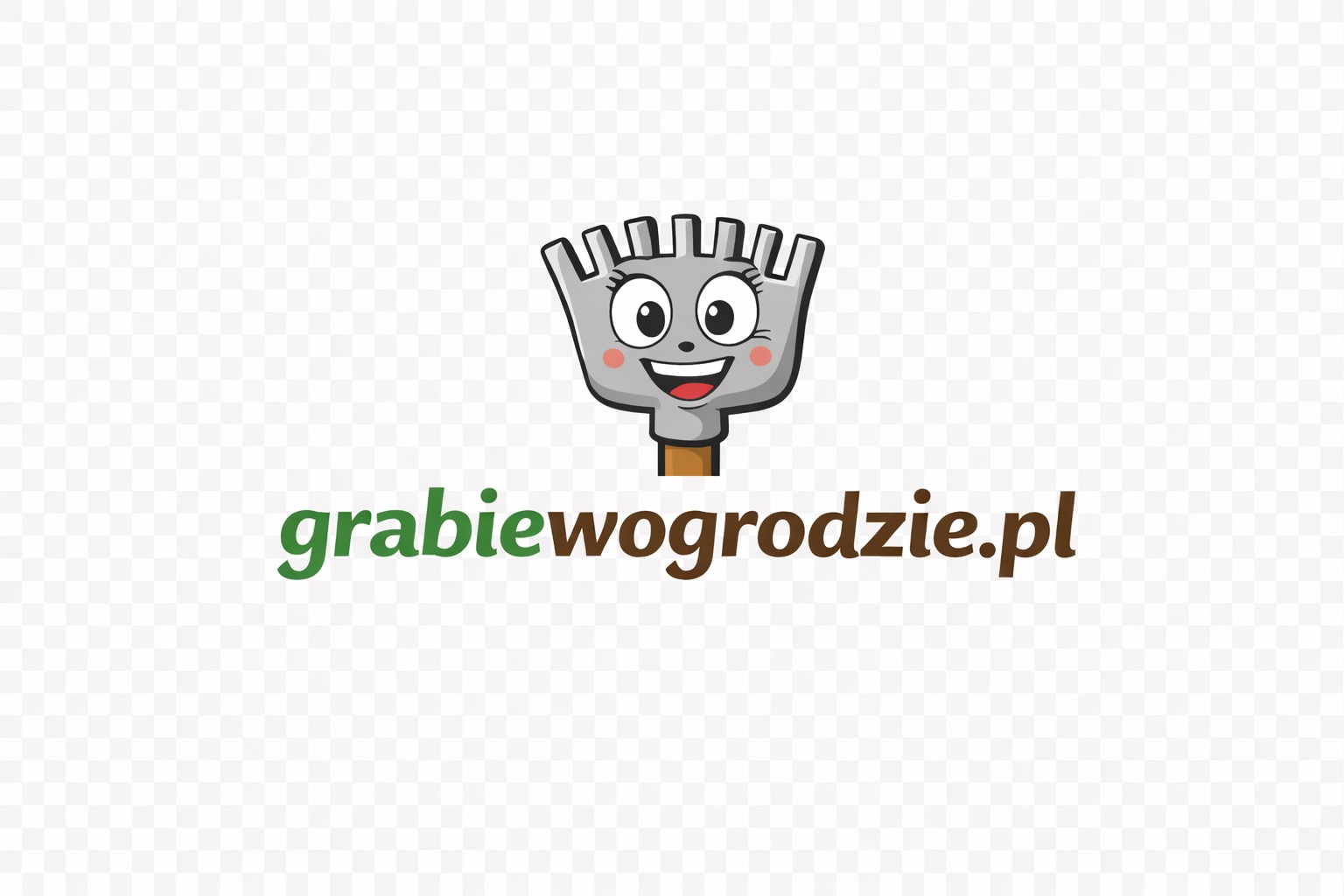 Uśmiechnięta grafika grabi z oczami i rumieńcami nad napisem 'grabiewogrodzie.pl' w kolorach zielonym i brązowym na jasnym tle.