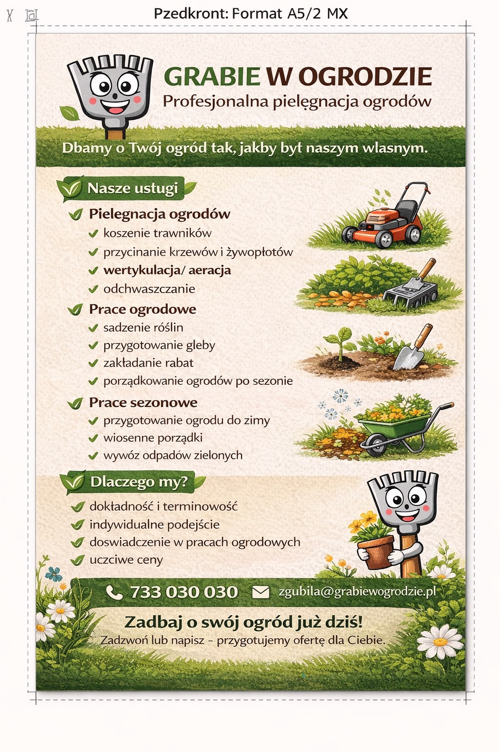 Ilustracja reklamowa firmy ogrodniczej: Grabie w Ogrodzie. Oferta usług: pielęgnacja, prace ogrodowe i sezonowe. Kontakt: telefon, email. Zadbaj o ogród już dziś!