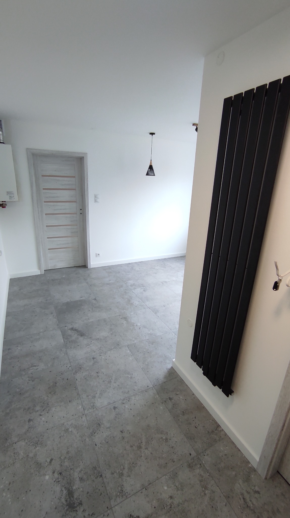 Nowoczesne wnętrze: szara, kwadratowa podłoga, białe ściany, czarny grzejnik panelowy i drzwi z poziomymi paskami. Minimalistyczna lampa wisząca.