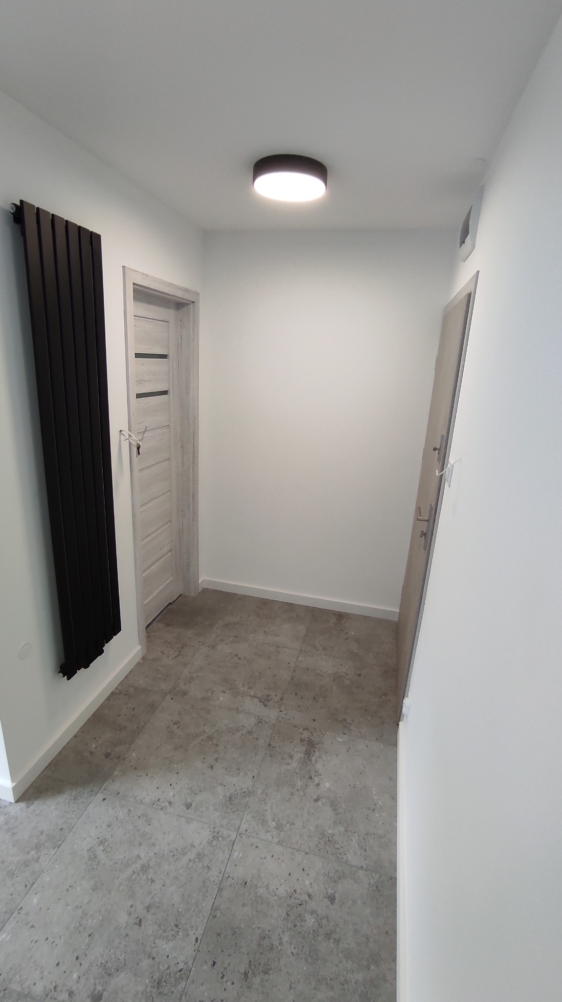 Nowoczesny przedpokój z szarą podłogą z płytek, czarnym grzejnikiem panelowym i dwiema parami drzwi w odcieniach szarości. Minimalistyczne oświetlenie sufitowe.