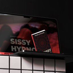 IdeaNOW - Tomasz Świercz - Laptop wyświetla okładkę książki 'Sissy Hypno' Macieja Wojtanisa, stojącej obok na białych płytkach. Ciemne tło, minimalistyczny design.
