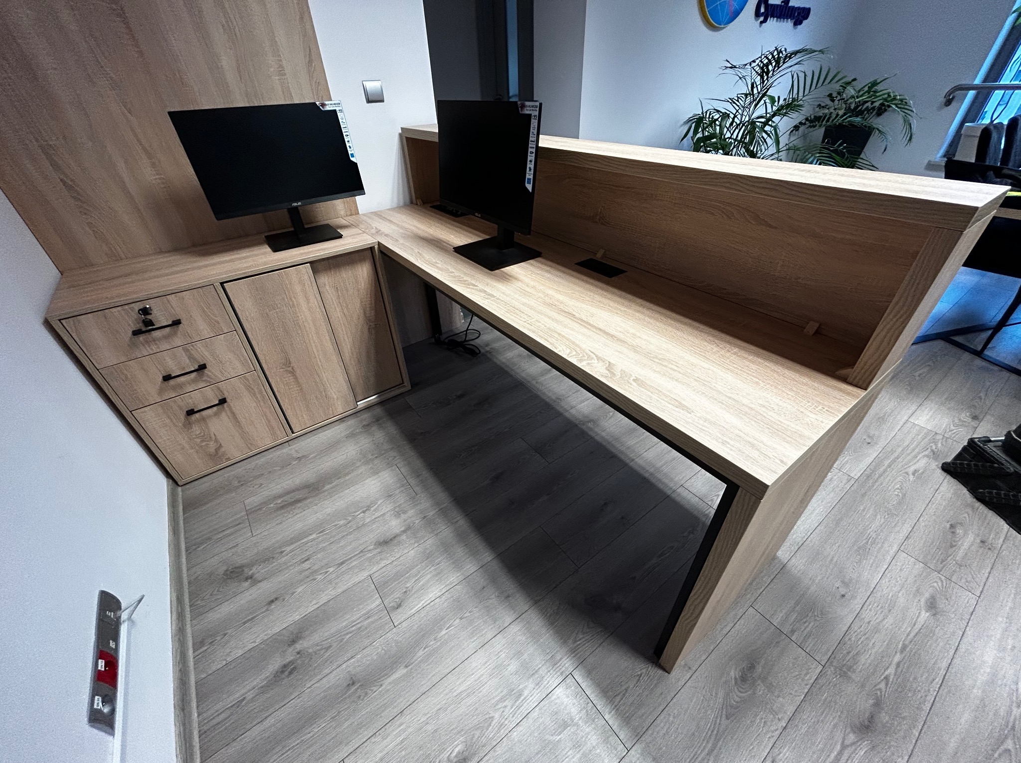 Biurko na wymiar z szafkami i blatem w odcieniach drewna, z dwoma monitorami, w nowoczesnym biurze z roślinami w tle. Widok z perspektywy podłogi.