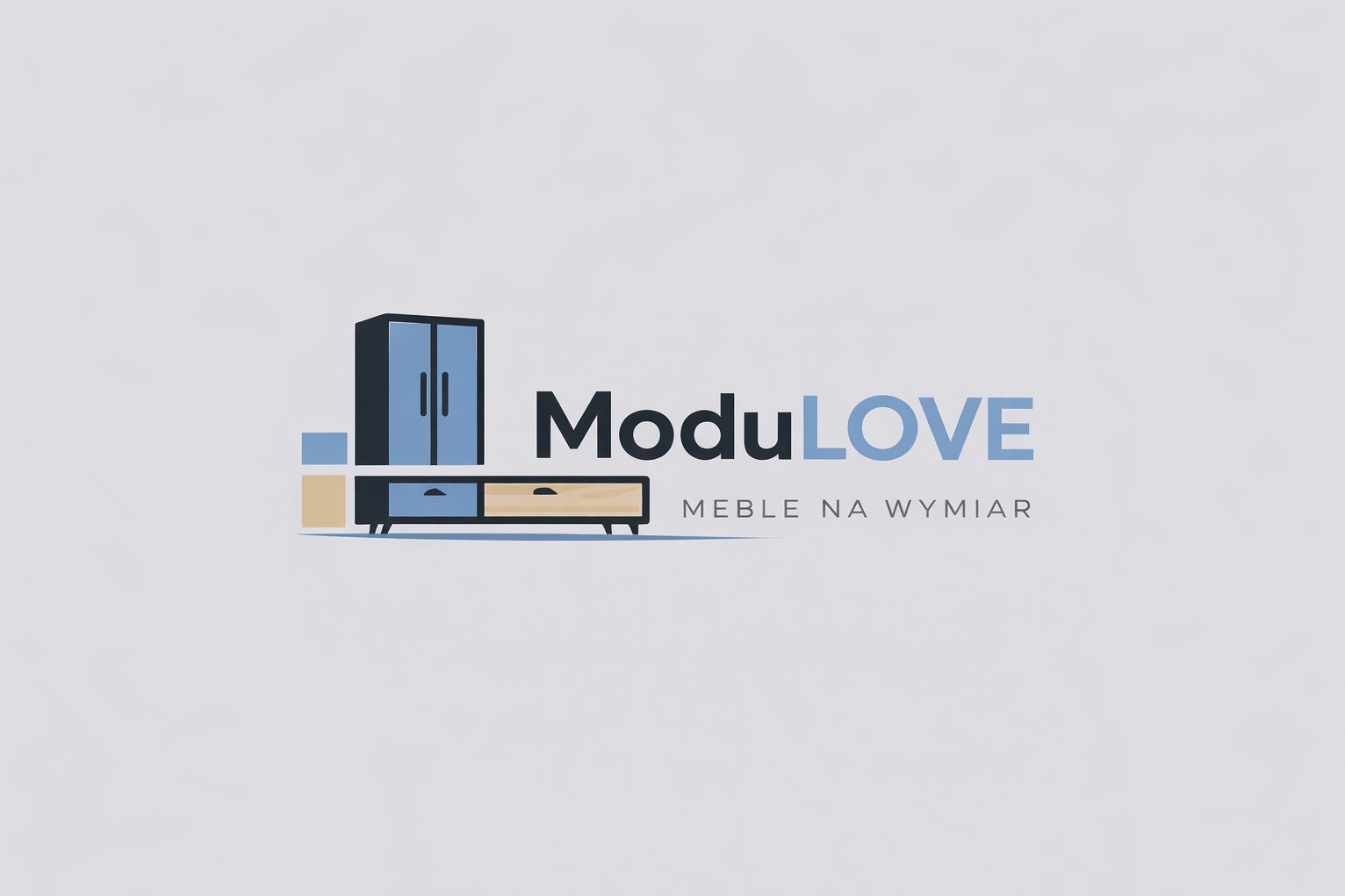 Logo firmy ModuLOVE z ikoną szafy i komody, oferującej meble na wymiar. Minimalistyczny design w odcieniach niebieskiego i beżu na jasnym tle.