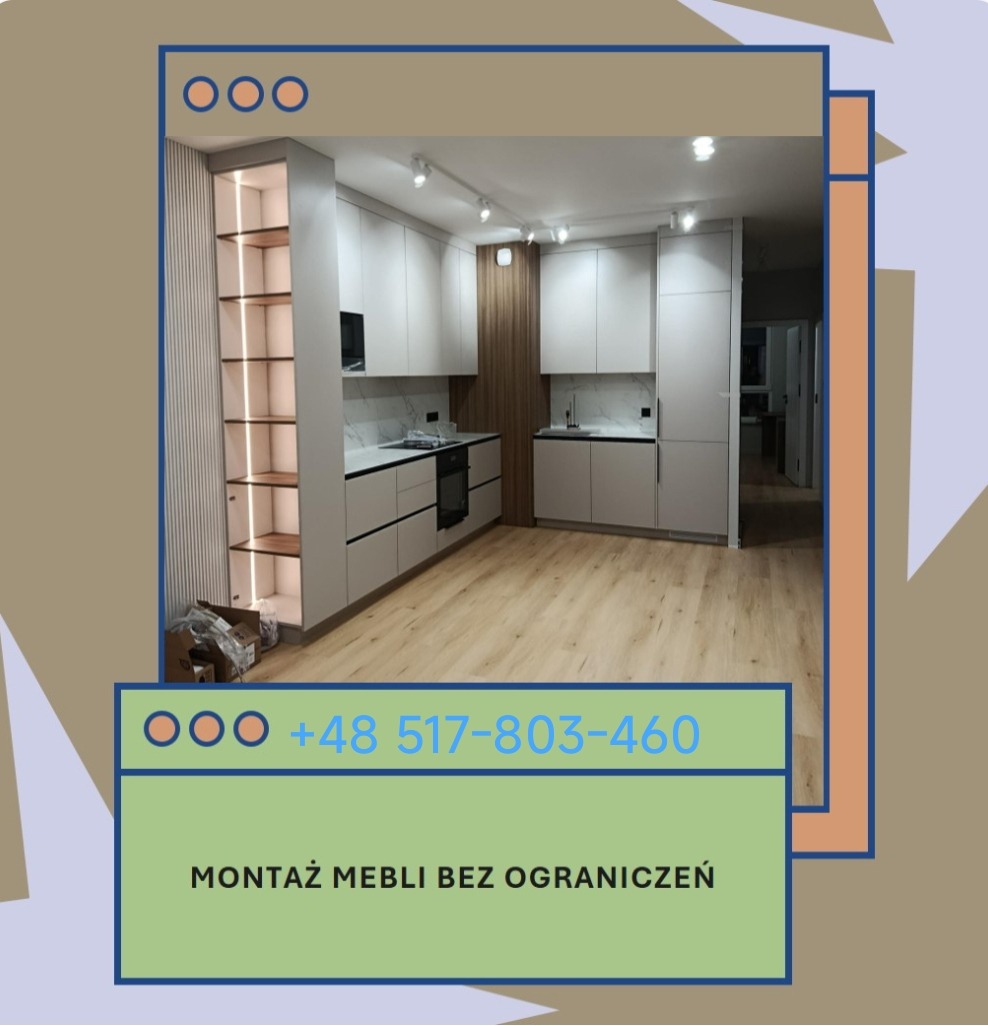 Nowoczesna kuchnia z białymi szafkami i drewnianymi akcentami, oświetlona punktowo, z widoczną otwartą półką z podświetleniem i parkietem na podłodze.