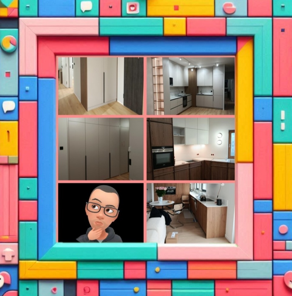 Kolaż wnętrz: szafy wnękowe z ciemnymi uchwytami, kuchnia z drewnianymi frontami i białymi szafkami, oraz awatar osoby zamyślonej w rogu.