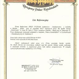 to moje referencje jakie otrzymałem po zakończeniu prac w Pałacu Kotulińskich w Czechowicach-Dziedzicach