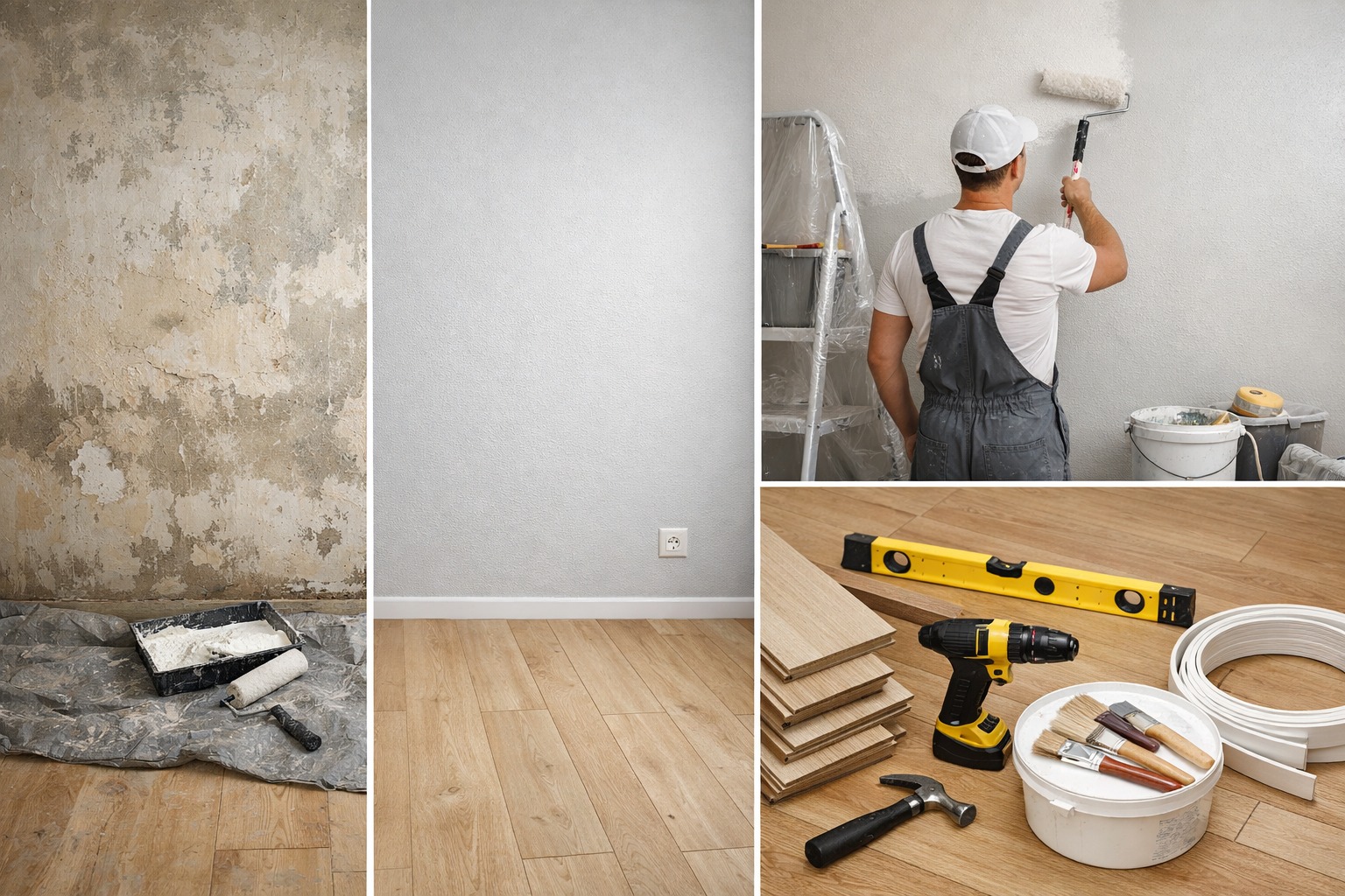 Montaż paneli podłogowych i malowanie ścian: widok przed i po. Fachowiec maluje ścianę wałkiem, obok narzędzia: poziomica, wiertarka, pędzle i młotek.