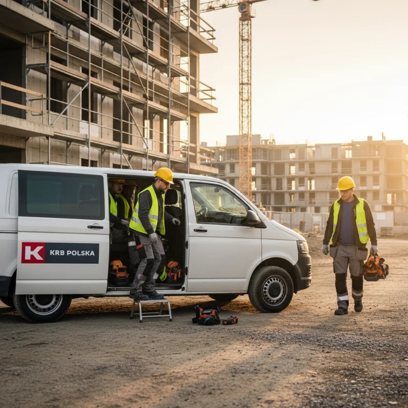 Ekipa budowlana w żółtych kaskach i kamizelkach wychodzi z białego busa na tle budowy z dźwigiem. Widoczne narzędzia i logo firmy KRB Polska.