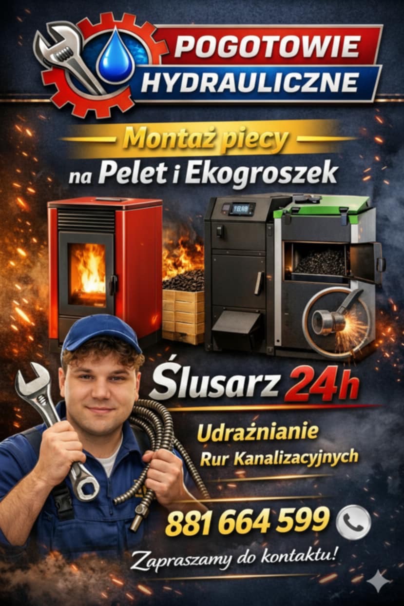 Plakat reklamowy usług hydraulicznych: montaż pieców na pellet i ekogroszek, udrażnianie rur. Mężczyzna w stroju roboczym trzyma klucz i wąż. Numer telefonu i zaproszenie do kontaktu.