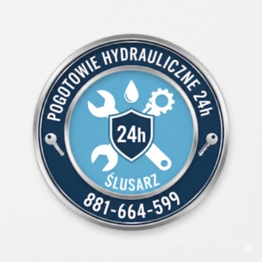 Okrągłe logo pogotowia hydraulicznego 24h z kluczami, kroplą wody, kluczem francuskim i numerem telefonu 881-664-599 na jasnym tle.