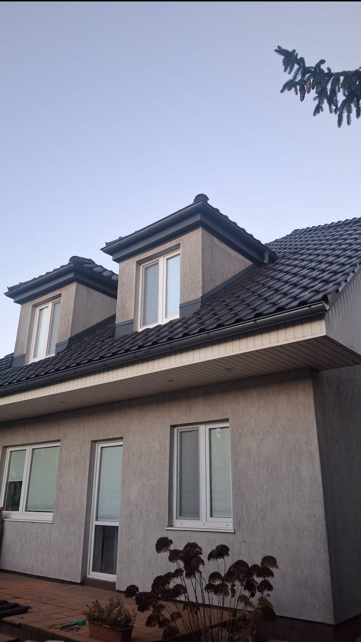 Szary dom z ciemną dachówką i oknami dachowymi, widok z dołu, fragment iglastej gałęzi w prawym górnym rogu. Elewacja z fakturą, widoczne rynny.