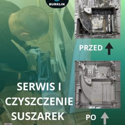 Burklin Marcin Burak - Serwis i czyszczenie suszarek: porównanie elementu przed i po czyszczeniu. Widoczny pracownik w trakcie pracy. Numer telefonu kontaktowego.