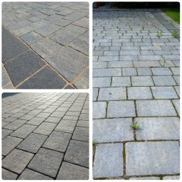 Burklin Marcin Burak - Mozaika z trzech ujęć kostki brukowej: czysta, szara i z mchem. Różne kąty i oświetlenie podkreślają teksturę i wzór ułożenia. Widoczne spoiny wypełnione piaskiem.