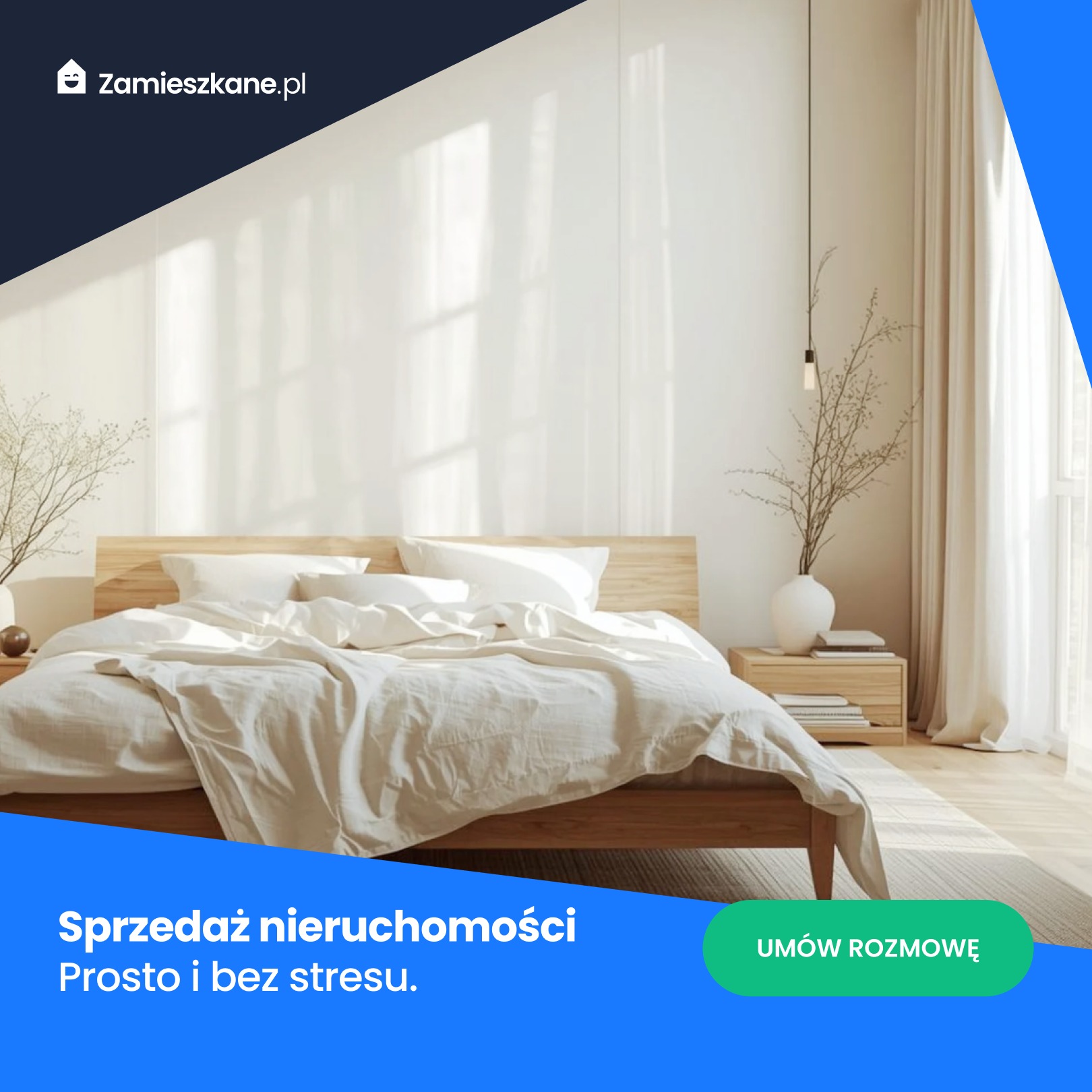 Jasna sypialnia z drewnianym łóżkiem i lnianą pościelą, minimalistyczny wystrój wnętrza, światło słoneczne we Wrocławiu. Sprzedaż nieruchomości.