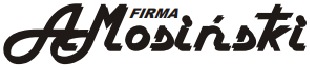 Czarno-białe logo firmy 'A. Mosiński' z ozdobnym fontem, umieszczone na białym tle. Nazwa firmy zapisana kursywą, z wyraźnie zaznaczonymi literami.