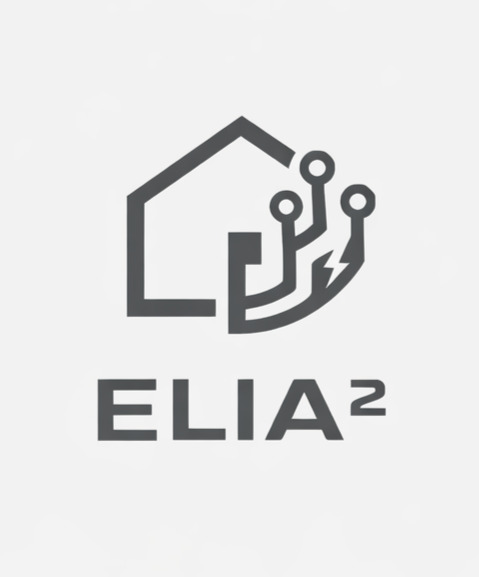 Szary logotyp firmy ELIA² przedstawiający schemat domu z elementami obwodu elektrycznego na białym tle. Minimalistyczny design.