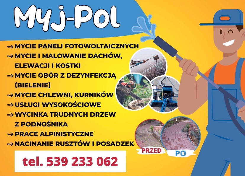Ilustracja reklamowa firmy Myj-Pol: mycie paneli, dachów, elewacji, obór, chlewni, wycinka drzew, prace alpinistyczne, nacinanie rusztów. Zdjęcia przed i po czyszczeniu kostki.