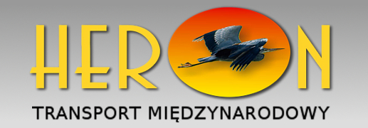 Logo firmy transportowej Heron z wizerunkiem czapli w locie na tle gradientowego koła. Pod napisem nazwy firmy widnieje napis 'TRANSPORT MIĘDZYNARODOWY'.