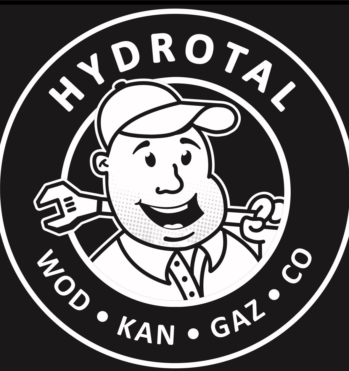 Czarno-białe logo firmy hydraulicznej z uśmiechniętym hydraulikiem w czapce, trzymającym klucz francuski. Napis 'HYDROTAL WOD • KAN • GAZ • CO' otacza postać.