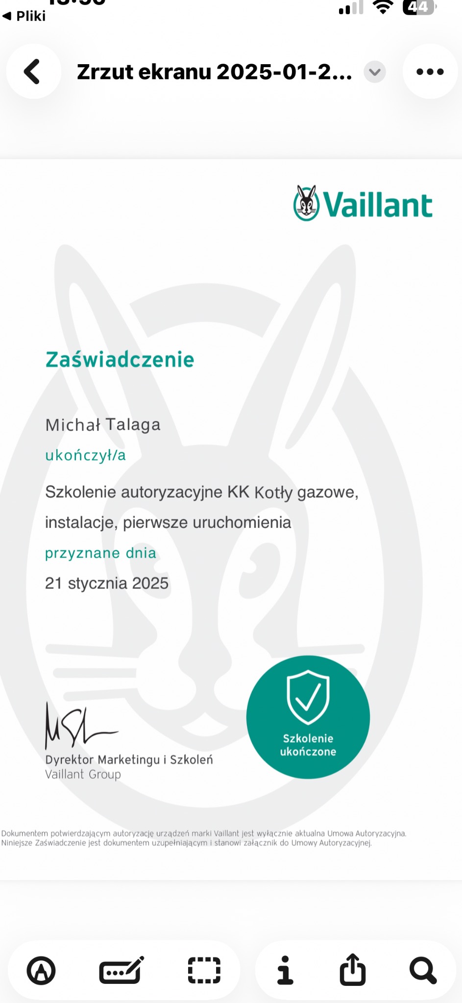 Zaświadczenie o ukończeniu szkolenia autoryzacyjnego KK Kotły gazowe, instalacje, pierwsze uruchomienia marki Vaillant dla Michała Talagi, przyznane 21 stycznia 2025.