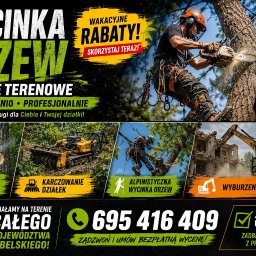 ARBEX - Arborysta w pomarańczowym kasku i uprzęży, zawieszony na linie, precyzyjnie przycina gałąź drzewa piłą łańcuchową, z widocznymi trocinami. Dynamiczne ujęcie pracy na wysokości.