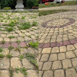 Speedkosiarka - Efekt czyszczenia kostki brukowej: po lewej zaniedbana, z chwastami, po prawej czysta, z widocznym wzorem. W tle kosa spalinowa i fragment czerwonego auta.