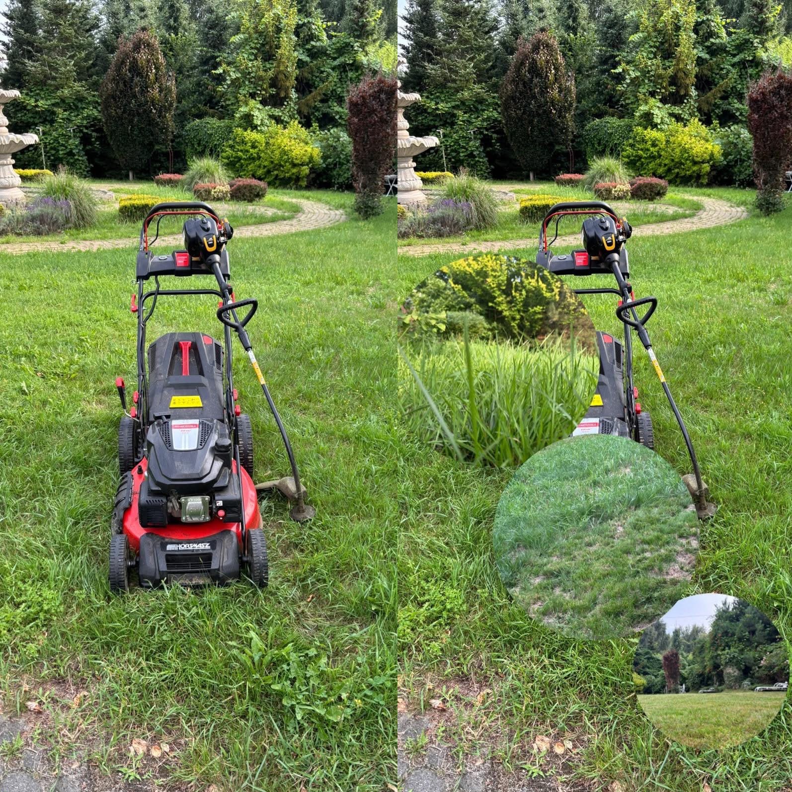 Czerwona kosiarka spalinowa i podkaszarka na trawniku z fontanną w tle. Na trawie widoczne okręgi z trawą przed i po koszeniu.