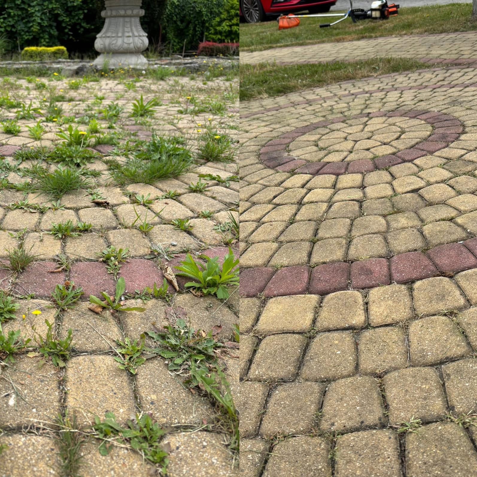 Efekt czyszczenia kostki brukowej: po lewej zaniedbana, z chwastami, po prawej czysta, z widocznym wzorem. W tle kosa spalinowa i fragment czerwonego auta.