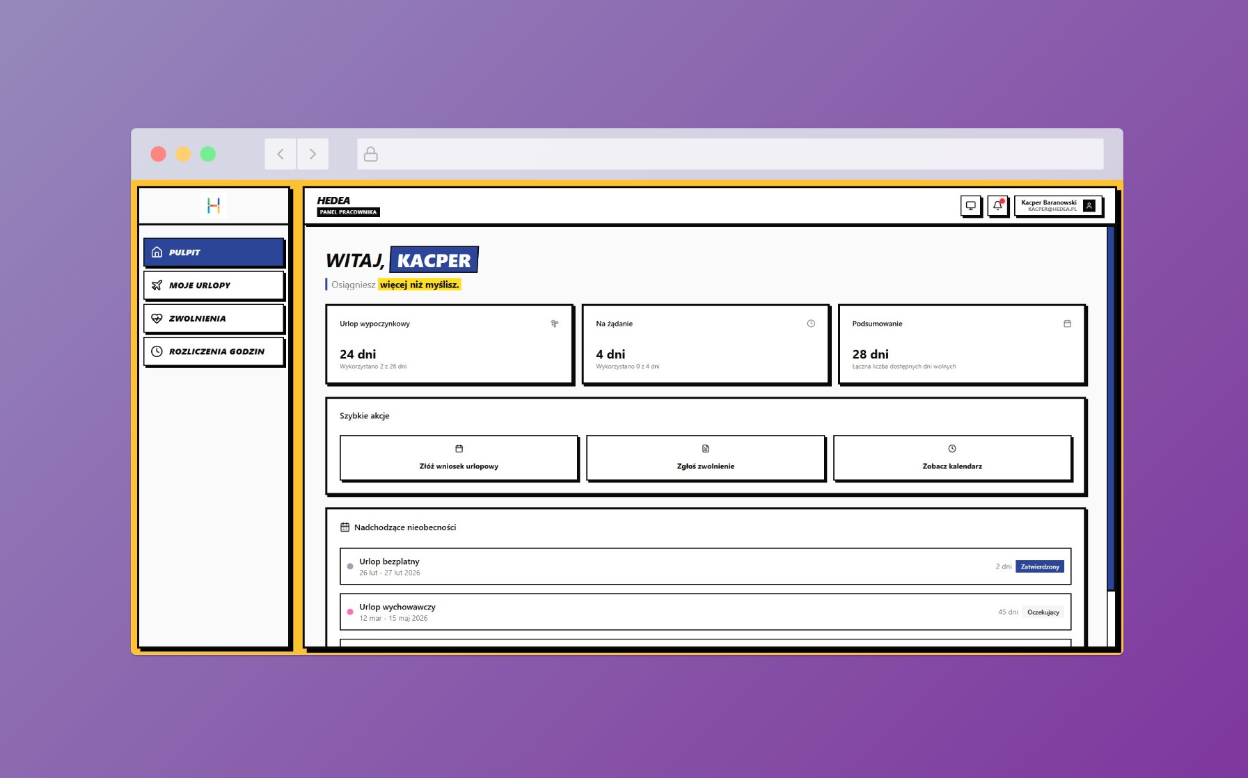 Panel pracownika Hedea: pulpit z widokiem na urlopy, zwolnienia i rozliczenia godzin. Aplikacja PWA z powiadomieniami Push, interfejs w kolorystyce biało-żółtej.