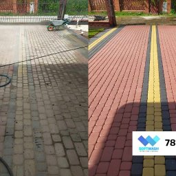 WAHOsoftwash Miękkie Mycie Elewacji - Mycie Kostki Brukowej - Zapraszam Do Galerii Realizacji - Efekt mycia kostki brukowej: porównanie stanu przed i po czyszczeniu. Po lewej brudna, po prawej wyczyszczona kostka w odcieniach czerwieni, szarości i żółci.