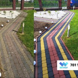WAHOsoftwash Miękkie Mycie Elewacji - Mycie Kostki Brukowej - Zapraszam Do Galerii Realizacji - Efekt przed i po czyszczenia wielokolorowej kostki brukowej na ścieżce ogrodowej, z widocznym logo firmy i numerem telefonu. Kontrast czystości i intensywności barw.