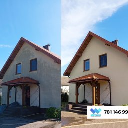 WAHOsoftwash Miękkie Mycie Elewacji - Mycie Kostki Brukowej - Zapraszam Do Galerii Realizacji - Dom jednorodzinny przed i po czyszczeniu elewacji. Lewa strona budynku brudna, prawa czysta. Widoczny fragment kostki brukowej i osoba w drzwiach.