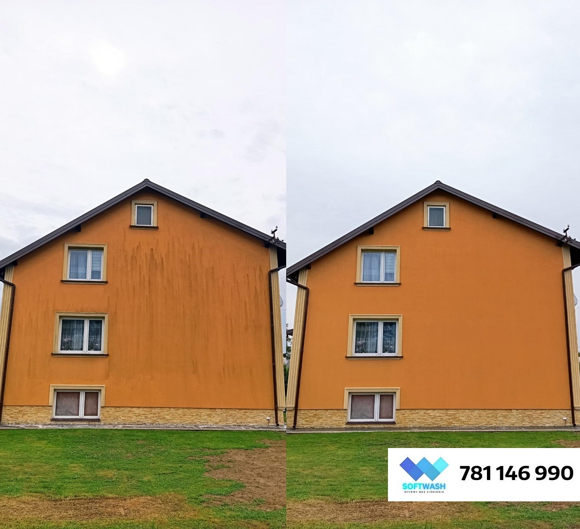 Dom z elewacją w odcieniach pomarańczy, prezentujący efekt przed i po czyszczeniu. Po lewej zabrudzona ściana, po prawej czysta, z logo firmy Softwash w prawym dolnym rogu.