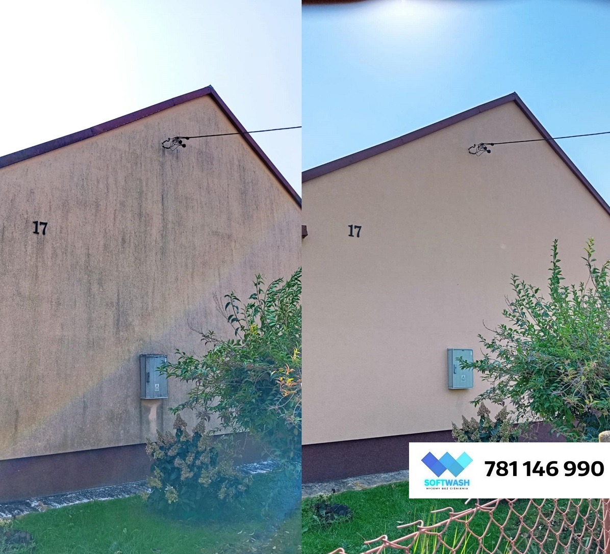 Elewacja domu przed i po czyszczeniu, widoczne różnice w kolorze i usunięte zabrudzenia. Po prawej stronie logo firmy i numer telefonu.