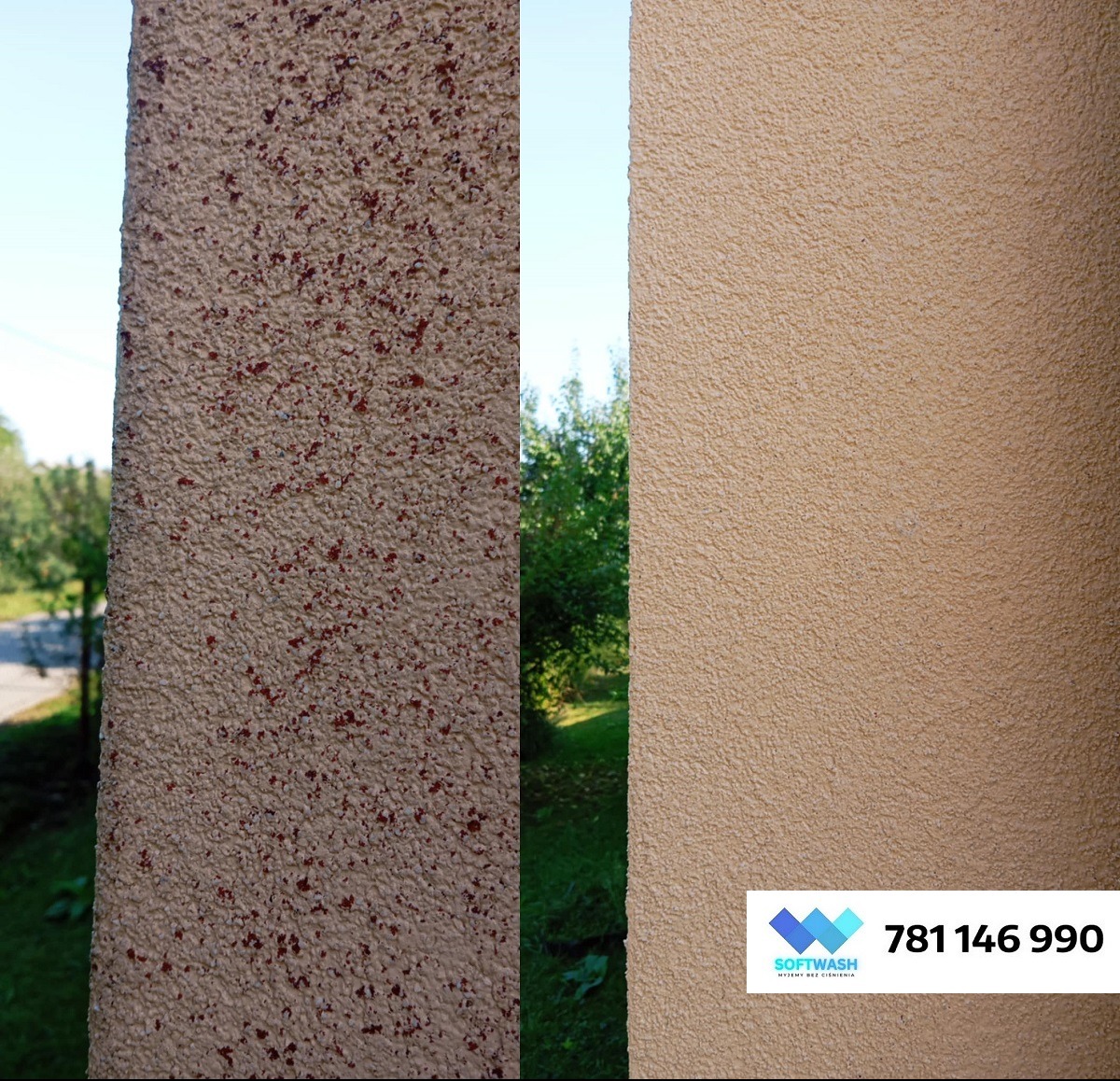 Kolumna elewacyjna: lewa strona zabrudzona, prawa po czyszczeniu. Widoczne różnice w kolorze i strukturze. W prawym dolnym rogu logo firmy Softwash i numer telefonu.