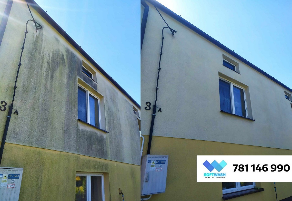 Zdjęcie elewacji budynku przed i po czyszczeniu, ukazujące wyraźną różnicę w wyglądzie. Po prawej stronie widoczna czysta, jasna elewacja, po lewej zabrudzona.