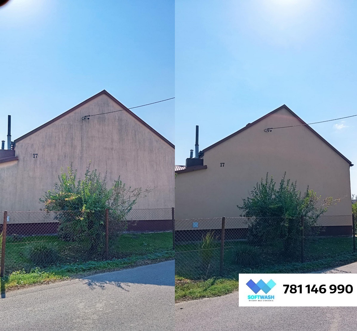 Zdjęcie elewacji domu przed i po czyszczeniu, z widoczną różnicą w kolorze i usuniętymi zabrudzeniami. Ujęcie z poziomu ulicy, krzew przed budynkiem.