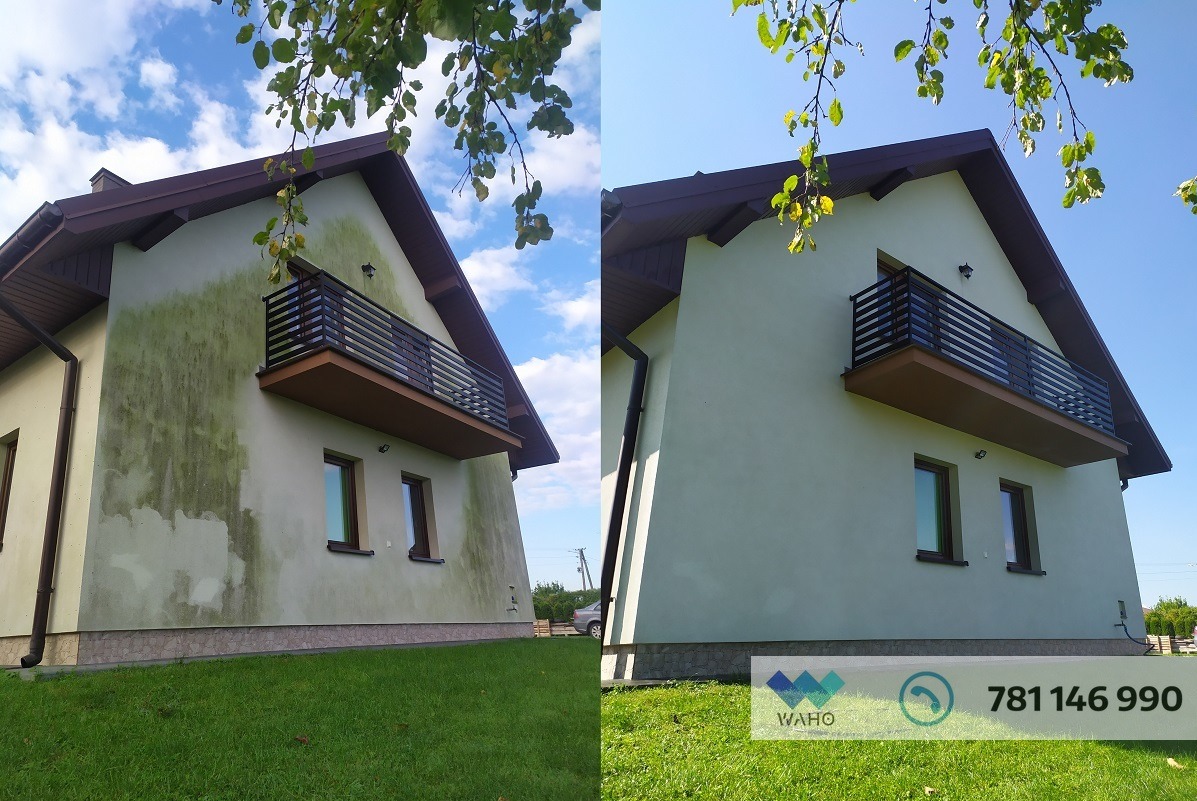 Zdjęcie elewacji domu przed i po czyszczeniu, z widocznym balkonem i fragmentami zieleni. Kontrast między zabrudzoną a czystą powierzchnią.