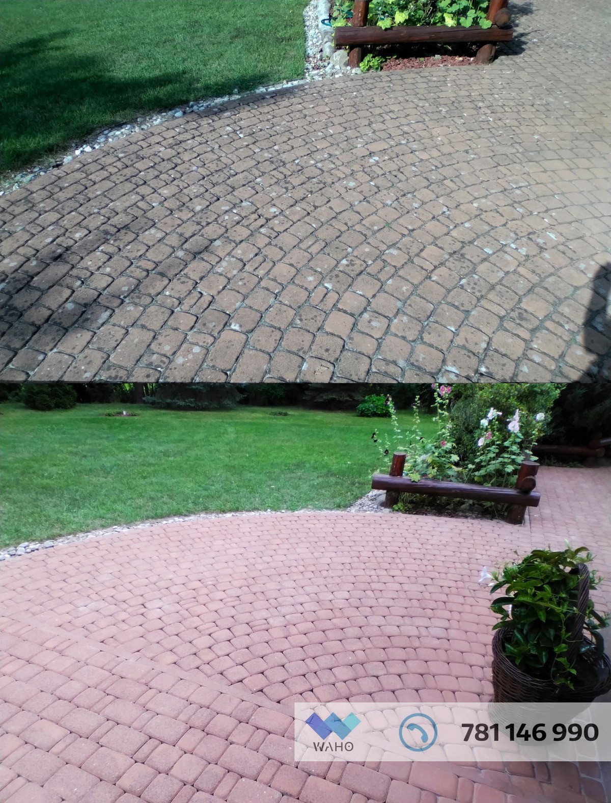 Kostka brukowa po czyszczeniu: górna połowa brudna, dolna czysta, ukazująca efekt usługi. Widoczny trawnik i dekoracyjna ławka w tle. Układ radialny kostki.